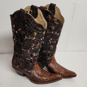 Corral Vtg Rare Brown Phython Leather Western Cowboy Boots Cross Cut Outs Sz 8M